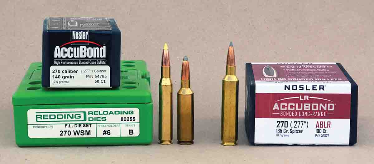 The 270 Winchester and 270 WSM (left) generally feature a 1:10 barrel twist that is too slow for high- ballistic coefficient, heavy-for-caliber bullets such as the Nosler 165-grain AccuBond Long Range, which requires a barrel twist of 1:9 or faster for proper stabilization. The 27 Nosler (right) was designed specifically for modern long-range bullets.